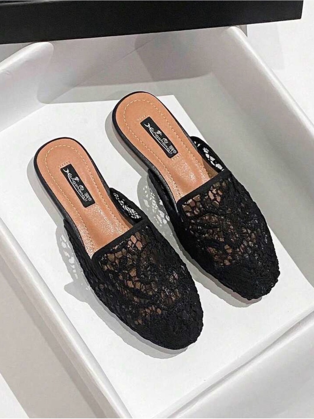 Black Lace Slip-On Mules